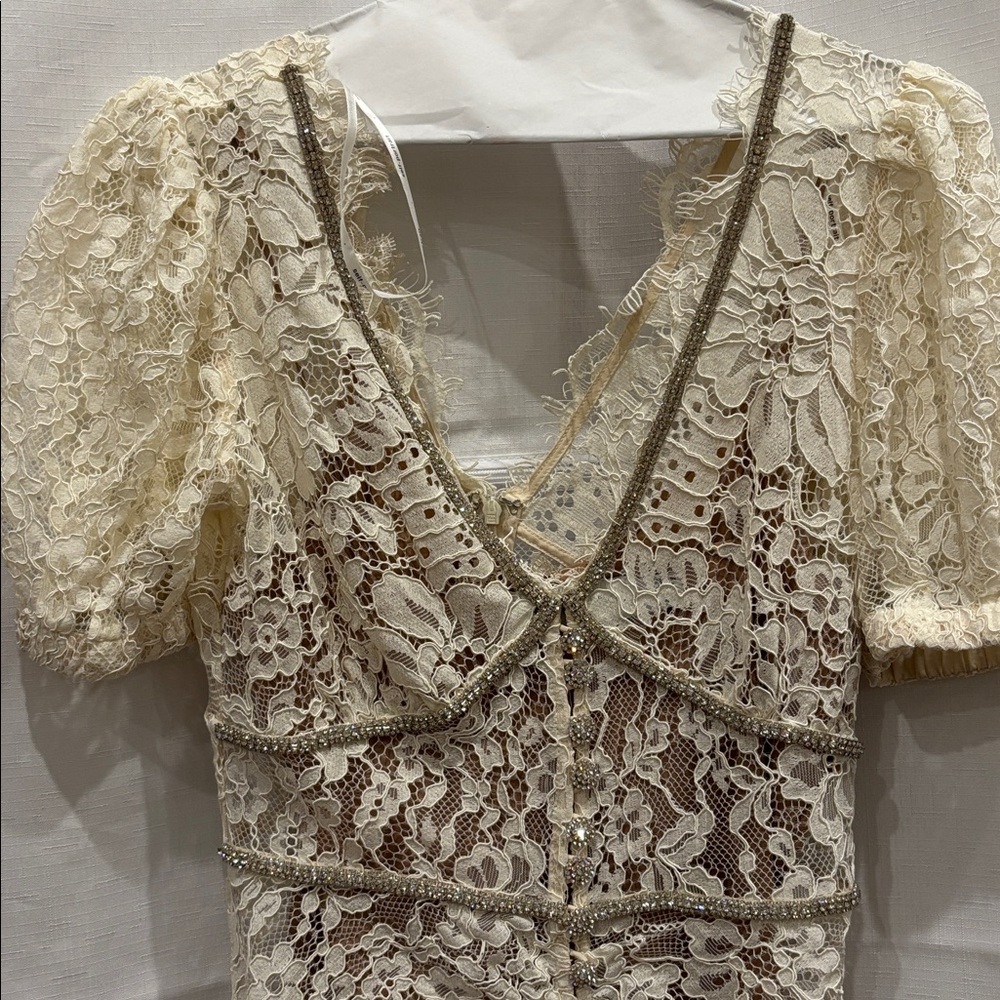 Self-Portrait Lace  and Diamond Short Sleeve Dress  in Cream
